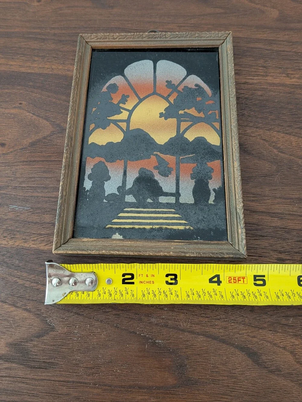 Vintage Set Reverse PaintedSilhouette Window Sunset Couple Lake